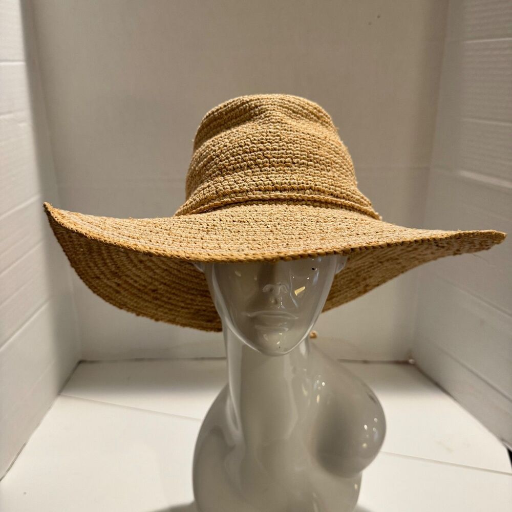 Scala Crocheted Raffia Straw Sun Hat Wide Brim Bow One size